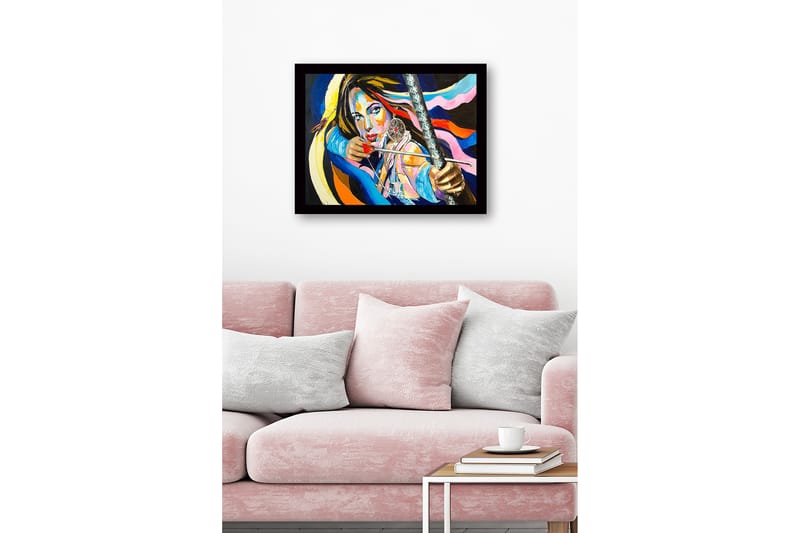 Inramad Canvastavla i trä - 41x56 cm - Starkt porträtt av en kvinna med en pilbåge och drömfångare - Blå / Rosa / Orange - Inredning & dekor - Tavlor & konst