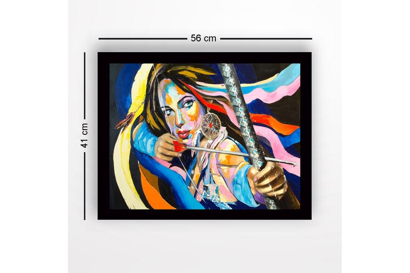 Inramad Canvastavla i trä - 41x56 cm - Starkt porträtt av en kvinna med en pilbåge och drömfångare - Blå / Rosa / Orange - Inredning & dekor - Tavlor & konst
