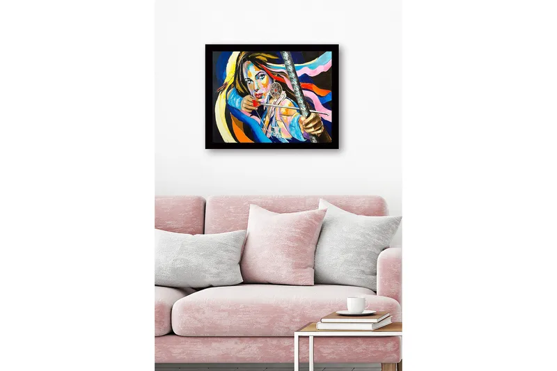 Inramad Canvastavla i trä - 41x56 cm - Starkt porträtt av en kvinna med en pilbåge och drömfångare - Blå / Rosa / Orange - Inredning & dekor - Tavlor & konst