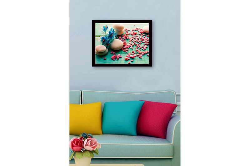 Inramad Canvastavla i trä - 41x56 cm - Stenarrangemang med blå blommor och rosa stenar - Blå / Rosa / Grå - Inredning & dekor - Tavlor & konst