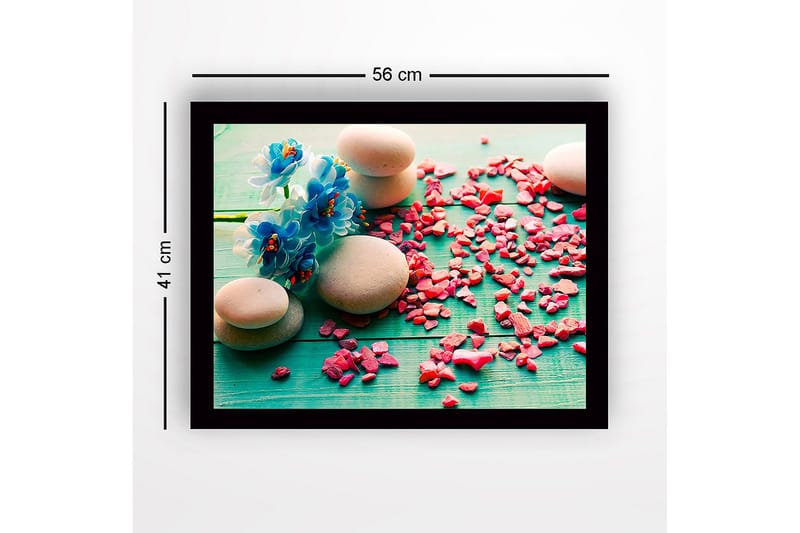 Inramad Canvastavla i trä - 41x56 cm - Stenarrangemang med blå blommor och rosa stenar - Blå / Rosa / Grå - Inredning & dekor - Tavlor & konst