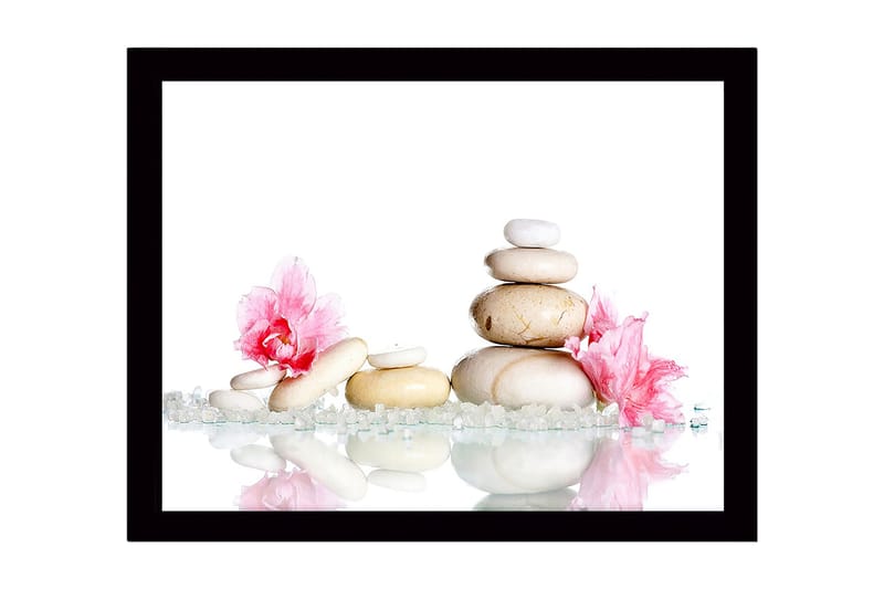 Inramad Canvastavla i trä - 41x56 cm - Stenstapel omgiven av rosa blommor och glittrande stenar, Vit / Rosa / Beige