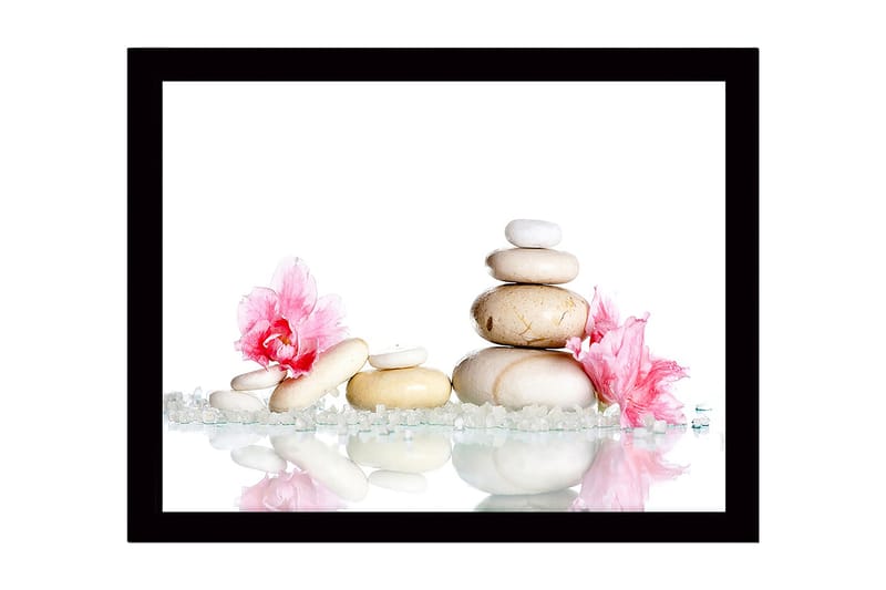 Inramad Canvastavla i trä - 41x56 cm - Stenstapel omgiven av rosa blommor och glittrande stenar, Vit / Rosa / Beige