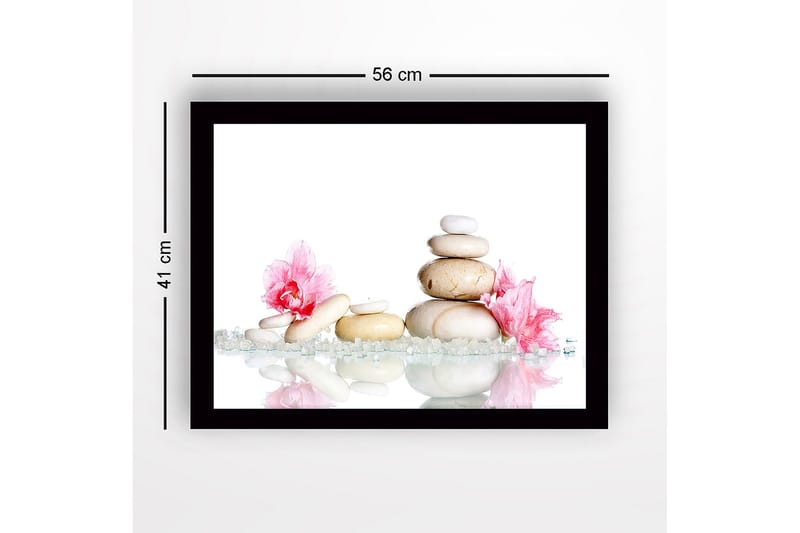 Inramad Canvastavla i trä - 41x56 cm - Stenstapel omgiven av rosa blommor och glittrande stenar - Vit / Rosa / Beige - Inredning & dekor - Tavlor & konst