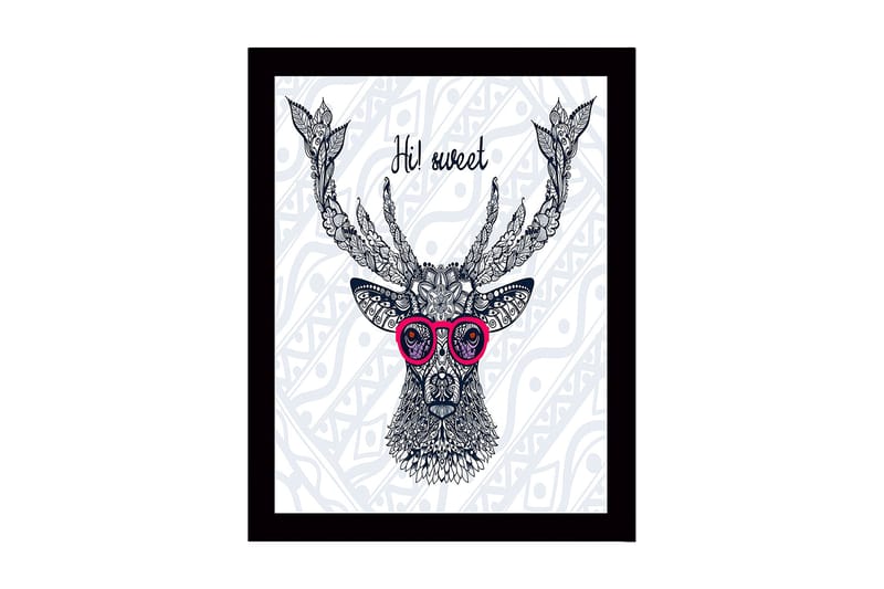 Inramad Canvastavla i trä - 41x56 cm - Stilig hjort med glasögon och detaljerad mönstring - Mörkblå / Rosa / Vit - Inredning & dekor - Tavlor & konst