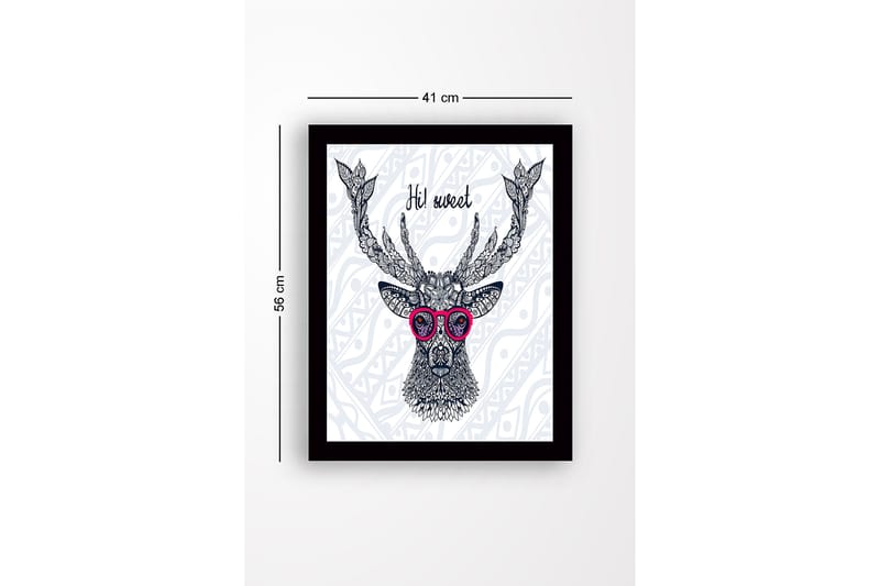 Inramad Canvastavla i trä - 41x56 cm - Stilig hjort med glasögon och detaljerad mönstring - Mörkblå / Rosa / Vit - Inredning & dekor - Tavlor & konst