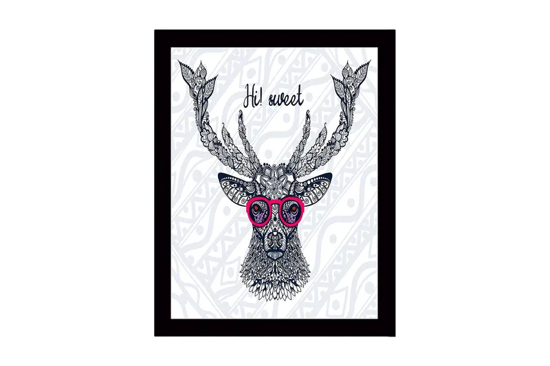 Inramad Canvastavla i trä - 41x56 cm - Stilig hjort med glasögon och detaljerad mönstring - Mörkblå / Rosa / Vit - Inredning & dekor - Tavlor & konst