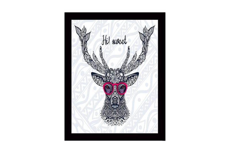 Inramad Canvastavla i trä - 41x56 cm - Stilig hjort med glasögon och detaljerad mönstring, Mörkblå / Rosa / Vit
