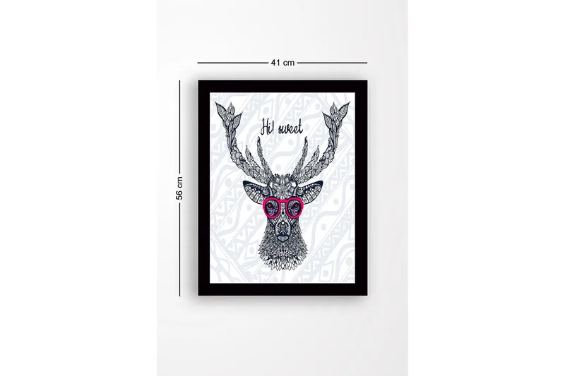 Inramad Canvastavla i trä - 41x56 cm - Stilig hjort med glasögon och detaljerad mönstring - Mörkblå / Rosa / Vit - Inredning & dekor - Tavlor & konst