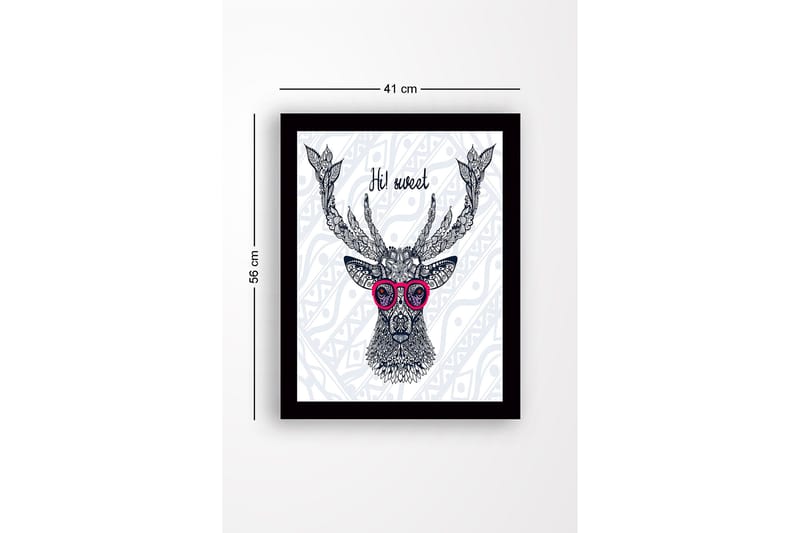 Inramad Canvastavla i trä - 41x56 cm - Stilig hjort med glasögon och detaljerad mönstring - Mörkblå / Rosa / Vit - Inredning & dekor - Tavlor & konst