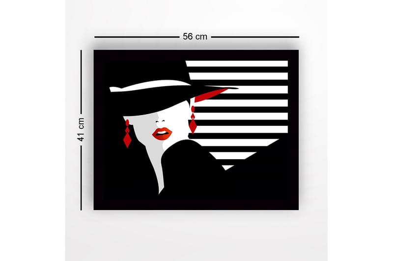 Inramad Canvastavla i trä - 41x56 cm - Stiliserad kvinna med hatt och röda läppar - Svart / Vitt / Röd - Inredning & dekor - Tavlor & konst