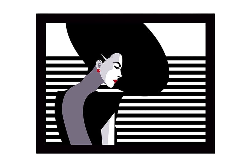 Inramad Canvastavla i trä - 41x56 cm - Stiliserad kvinna med långt hår i profil - Svart / Vit / Röd - Inredning & dekor - Tavlor & konst