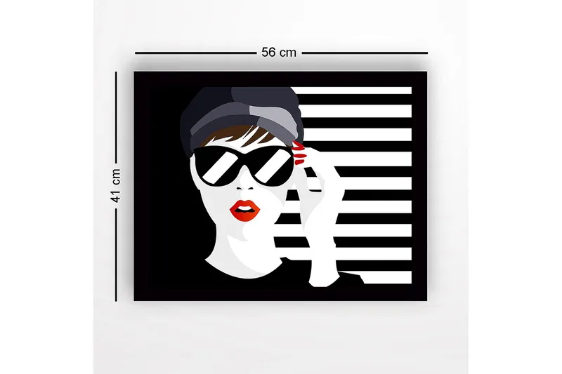 Inramad Canvastavla i trä - 41x56 cm - Stiliserad kvinna med solglasögon och röd läppstift - Svart / Vit / Röd - Inredning & dekor - Tavlor & konst