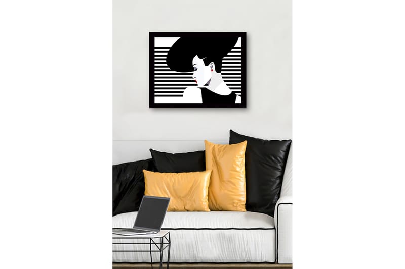 Inramad Canvastavla i trä - 41x56 cm - Stiliserad kvinna med stort hår och röda läppar - Svart / Vitt / Röd - Inredning & dekor - Tavlor & konst