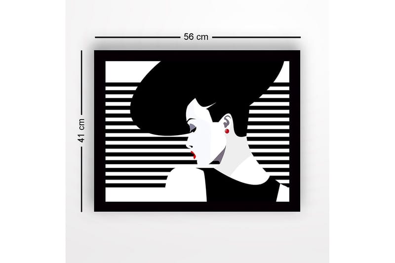 Inramad Canvastavla i trä - 41x56 cm - Stiliserad kvinna med stort hår och röda läppar - Svart / Vitt / Röd - Inredning & dekor - Tavlor & konst