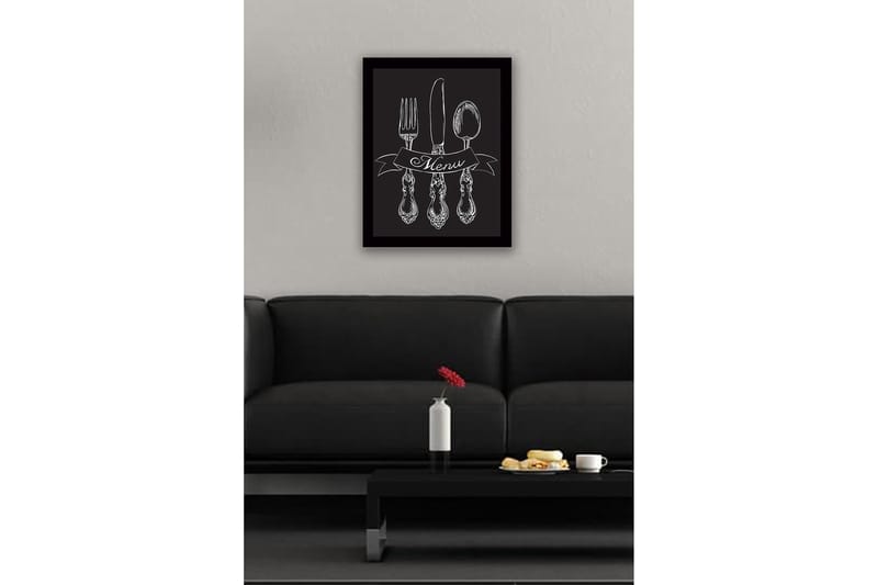 Inramad Canvastavla i trä - 41x56 cm - Stiliserad uppsättning av bestick med en banner som visar ordet Menu - Vit / Svart - Inredning & dekor - Tavlor & konst