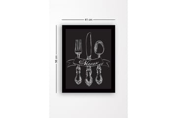 Inramad Canvastavla i trä - 41x56 cm - Stiliserad uppsättning av bestick med en banner som visar ordet Menu - Vit / Svart - Inredning & dekor - Tavlor & konst