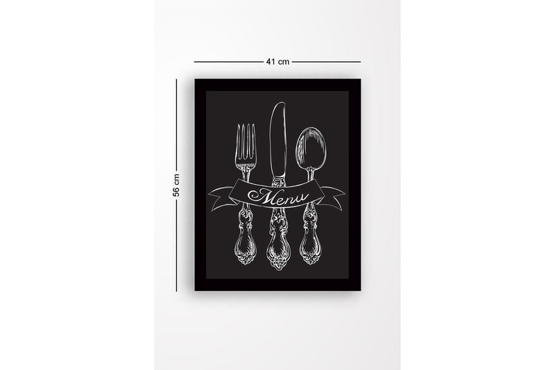 Inramad Canvastavla i trä - 41x56 cm - Stiliserad uppsättning av bestick med en banner som visar ordet Menu - Vit / Svart - Inredning & dekor - Tavlor & konst