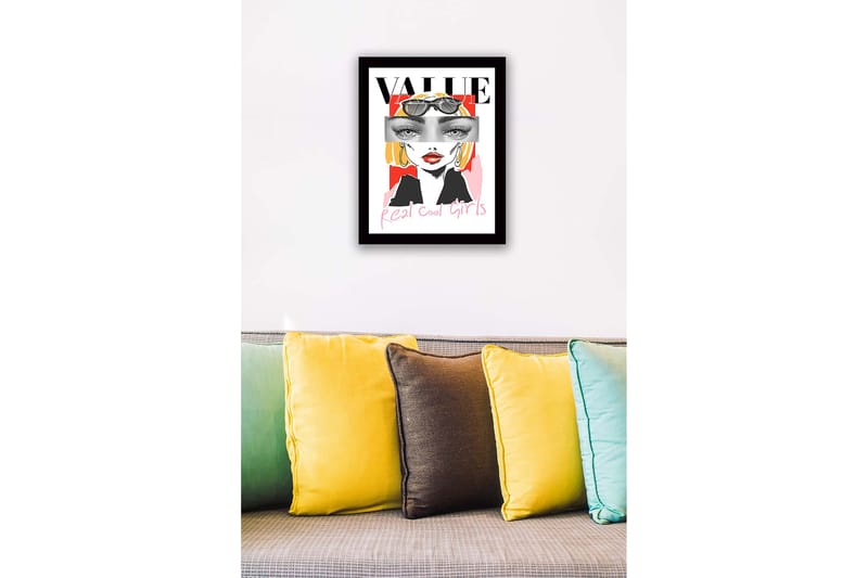 Inramad Canvastavla i trä - 41x56 cm - Stiliserad porträtt av en kvinna med solglasögon och färgglad bakgrund - Röd / Svart / Gul - Inredning & dekor - Tavlor & konst