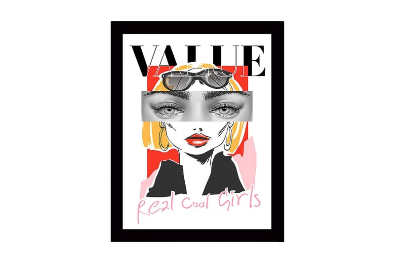 Inramad Canvastavla i trä - 41x56 cm - Stiliserad porträtt av en kvinna med solglasögon och färgglad bakgrund, Röd / Svart / Gul