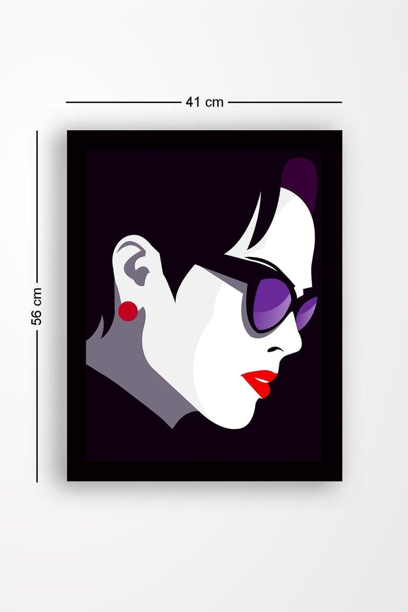 Inramad Canvastavla i trä - 41x56 cm - Stiliserad profil av en kvinna med solglasögon - Mörklila / Röd / Vit - Inredning & dekor - Tavlor & konst