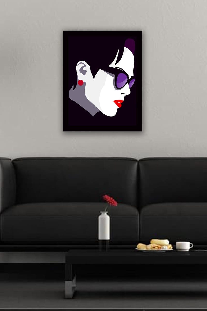 Inramad Canvastavla i trä - 41x56 cm - Stiliserad profil av en kvinna med solglasögon - Mörklila / Röd / Vit - Inredning & dekor - Tavlor & konst