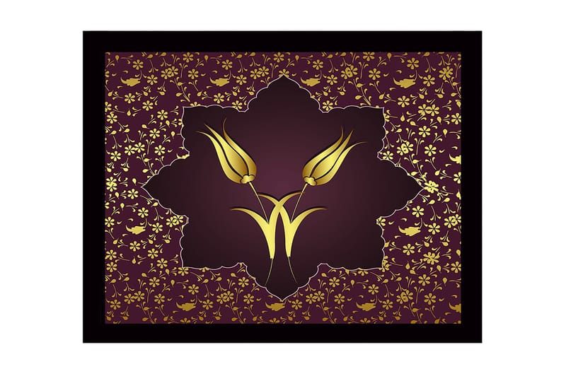 Inramad Canvastavla i trä - 41x56 cm - Stiliserade blommor i guld mot en mörkröd bakgrund - Mörkröd / Guld - Inredning & dekor - Tavlor & konst