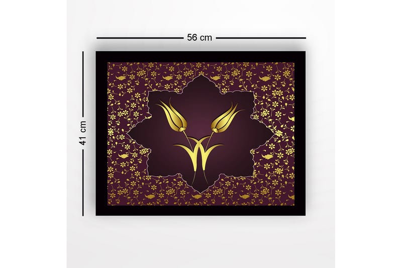 Inramad Canvastavla i trä - 41x56 cm - Stiliserade blommor i guld mot en mörkröd bakgrund - Mörkröd / Guld - Inredning & dekor - Tavlor & konst
