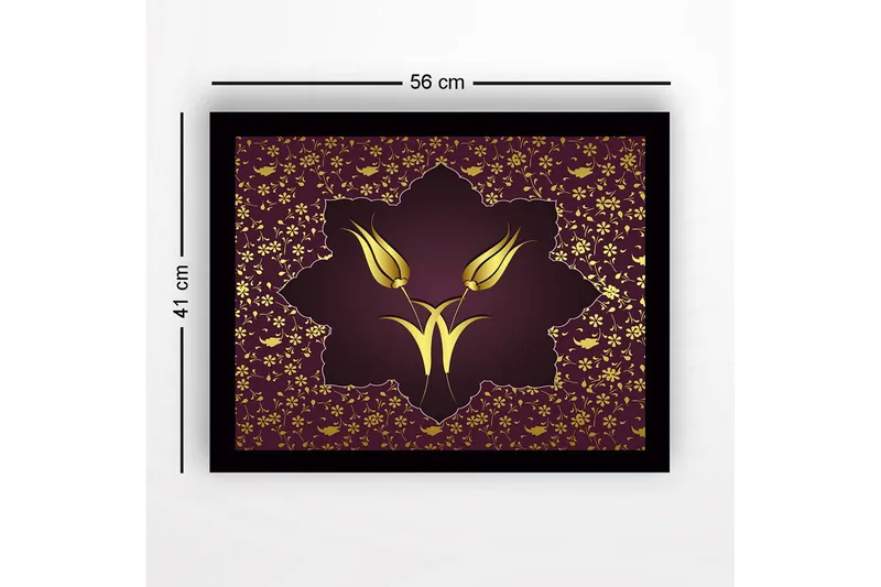 Inramad Canvastavla i trä - 41x56 cm - Stiliserade blommor i guld mot en mörkröd bakgrund - Mörkröd / Guld - Inredning & dekor - Tavlor & konst