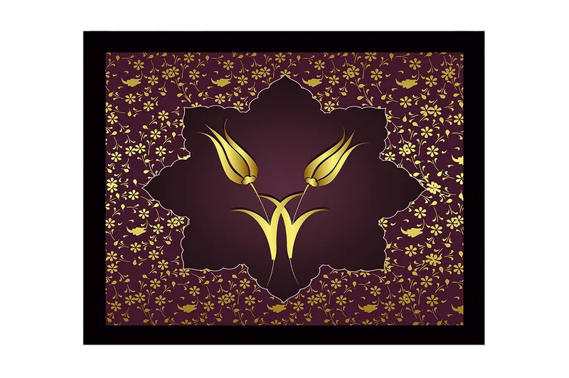 Inramad Canvastavla i trä - 41x56 cm - Stiliserade blommor i guld mot en mörkröd bakgrund - Mörkröd / Guld - Inredning & dekor - Tavlor & konst