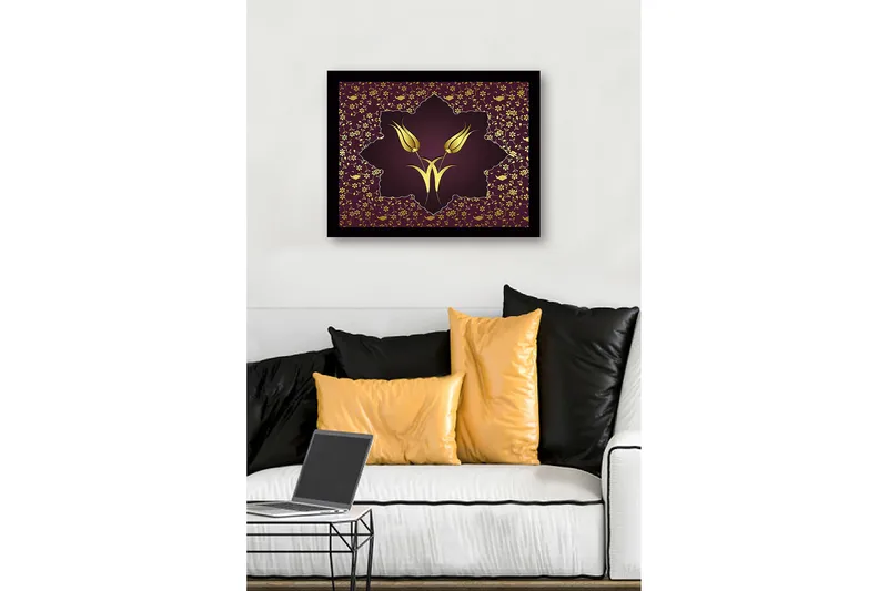 Inramad Canvastavla i trä - 41x56 cm - Stiliserade blommor i guld mot en mörkröd bakgrund - Mörkröd / Guld - Inredning & dekor - Tavlor & konst
