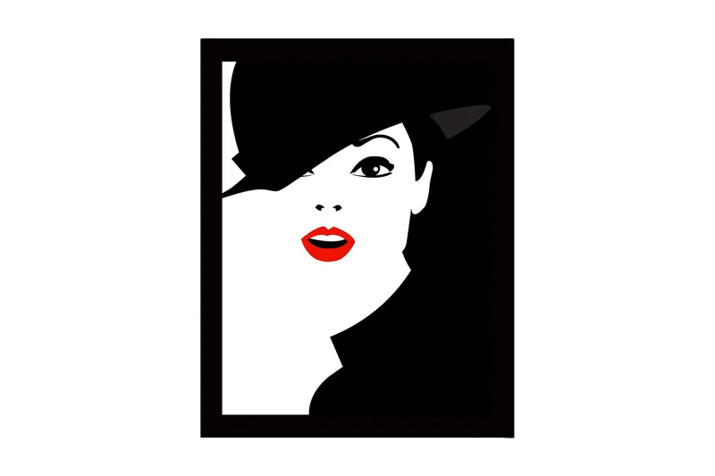 Inramad Canvastavla i trä - 41x56 cm - Stiliserat porträtt av en kvinna med hatt och röd läppstift, Svart / Vitt / Röd