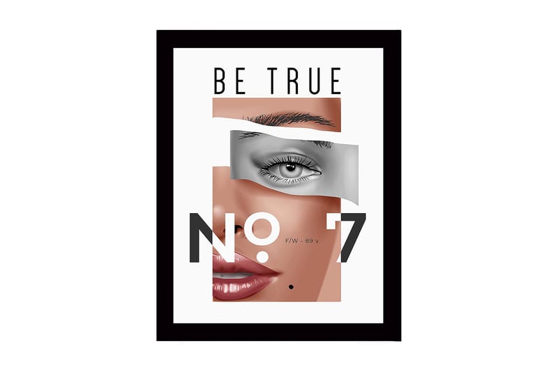 Inramad Canvastavla i trä - 41x56 cm - Stiliserat porträtt med fokus på ögon och läppar, Hudton / Grå / Svart