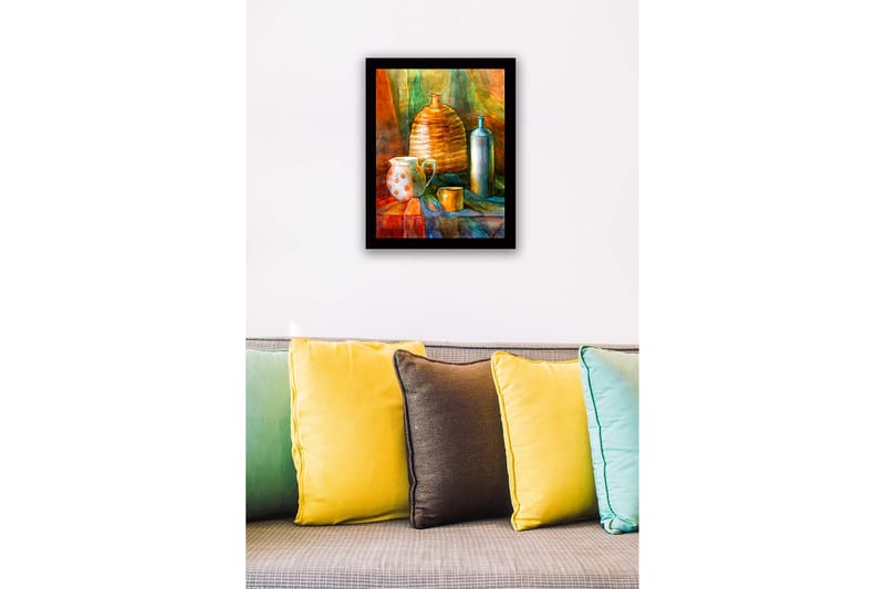 Inramad Canvastavla i trä - 41x56 cm - Stilleben med keramik och glasflaskor - Orange / Grön / Blå - Inredning & dekor - Tavlor & konst