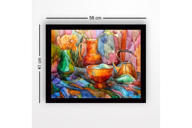 Inramad Canvastavla i trä - 41x56 cm - Stillhet med färgglada kärl och blommor - Grön / Orange / Blå - Inredning & dekor - Tavlor & konst