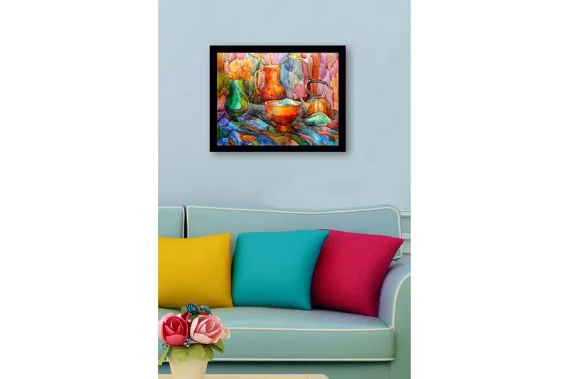 Inramad Canvastavla i trä - 41x56 cm - Stillhet med färgglada kärl och blommor - Grön / Orange / Blå - Inredning & dekor - Tavlor & konst