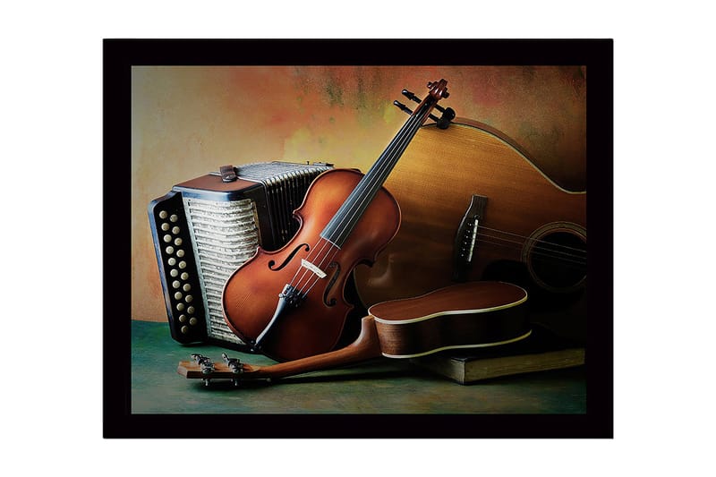 Inramad Canvastavla i trä - 41x56 cm - Stillhet med musikinstrument i fokus - Brun / Beige / Grön - Inredning & dekor - Tavlor & konst