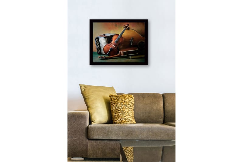 Inramad Canvastavla i trä - 41x56 cm - Stillhet med musikinstrument i fokus - Brun / Beige / Grön - Inredning & dekor - Tavlor & konst