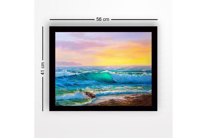 Inramad Canvastavla i trä - 41x56 cm - Storslagen havsutsikt med vågor som bryter mot stranden - Turkos / Blå / Orange - Inredning & dekor - Tavlor & konst