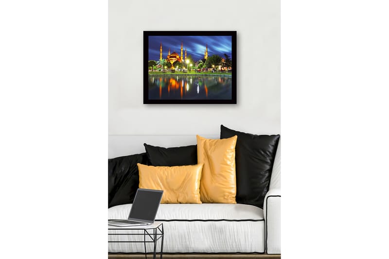Inramad Canvastavla i trä - 41x56 cm - Storslagen moské med upplysta minareter vid en spegelblanka sjö - Orange / Grön / Blå - Inredning & dekor - Tavlor & konst