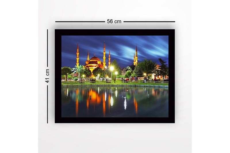Inramad Canvastavla i trä - 41x56 cm - Storslagen moské med upplysta minareter vid en spegelblanka sjö - Orange / Grön / Blå - Inredning & dekor - Tavlor & konst