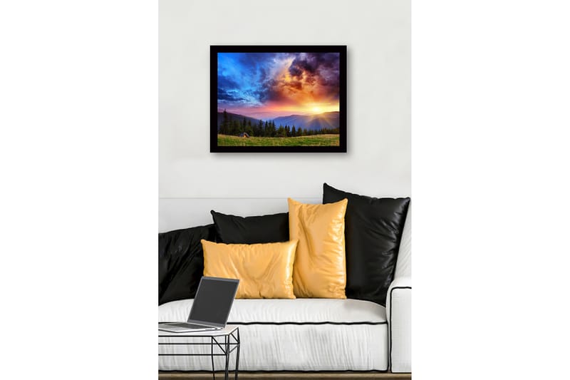 Inramad Canvastavla i trä - 41x56 cm - Storslagen solnedgång över berg och skog - Blå / Orange / Grön - Inredning & dekor - Tavlor & konst