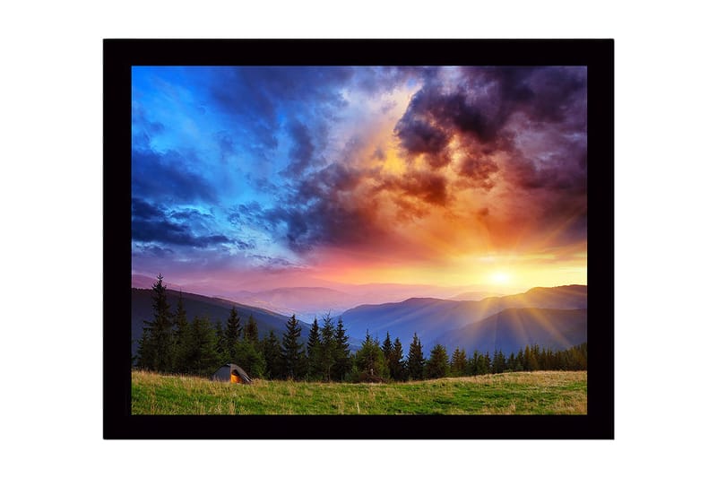 Inramad Canvastavla i trä - 41x56 cm - Storslagen solnedgång över berg och skog - Blå / Orange / Grön - Inredning & dekor - Tavlor & konst