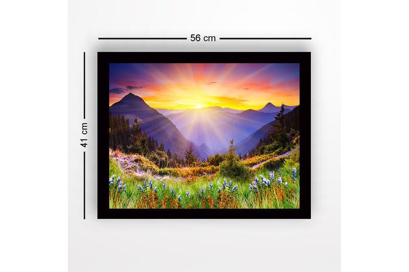 Inramad Canvastavla i trä - 41x56 cm - Storslagen soluppgång över berg och dalar - Guld / Lila / Grön - Inredning & dekor - Tavlor & konst