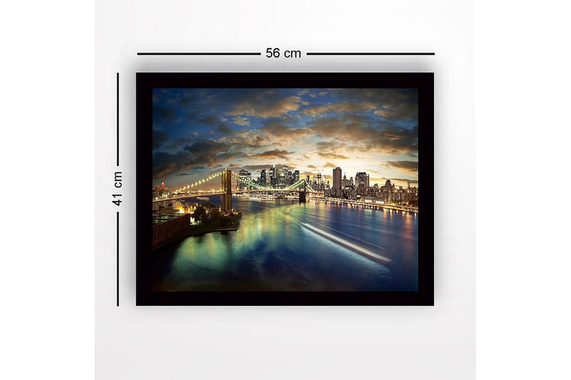 Inramad Canvastavla i trä - 41x56 cm - Storslagen vy över en stad vid skymning med en bro som sträcker sig över vattnet - Blå / Guld / Grön - Inredning & dekor - Tavlor & konst