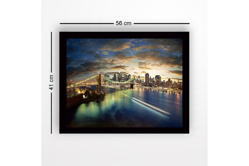 Inramad Canvastavla i trä - 41x56 cm - Storslagen vy över en stad vid skymning med en bro som sträcker sig över vattnet - Blå / Guld / Grön - Inredning & dekor - Tavlor & konst