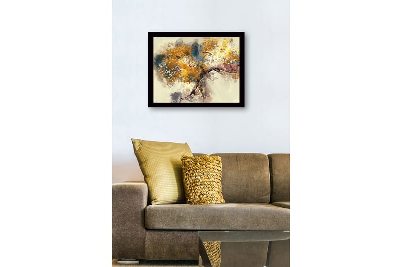 Inramad Canvastavla i trä - 41x56 cm - Stort träd med gyllene lövverk - Guld / Blå / Brun - Inredning & dekor - Tavlor & konst