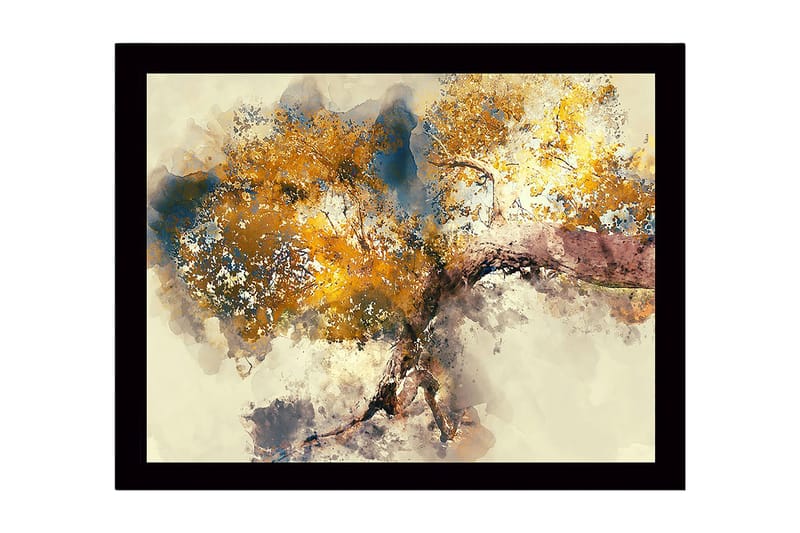 Inramad Canvastavla i trä - 41x56 cm - Stort träd med gyllene lövverk - Guld / Blå / Brun - Inredning & dekor - Tavlor & konst