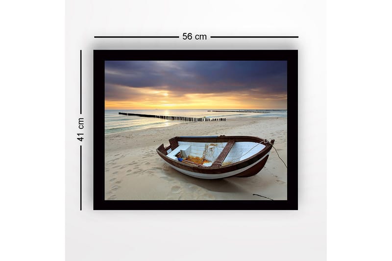 Inramad Canvastavla i trä - 41x56 cm - Strand med en gammal båt i solnedgångens ljus - Blå / Orange / Vit - Inredning & dekor - Tavlor & konst