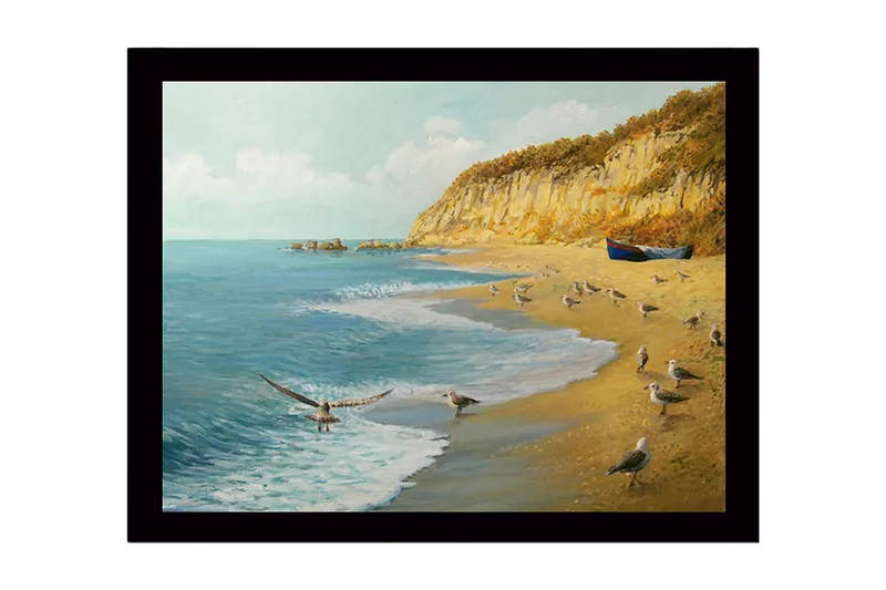 Inramad Canvastavla i trä - 41x56 cm - Strandlandskap med måsar och en båt vid kusten, Blå / Beige / Grön